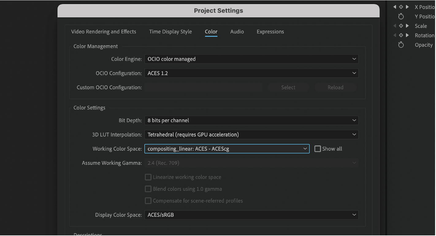 After Effects integration with OpenColorIO (OCIO) enables you to work